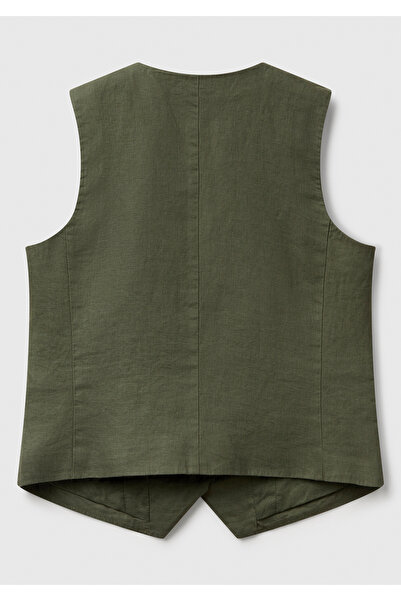 United Colors of Benetton Women's Khaki 100% Linen Front Button Buttoned V-Neck Vest