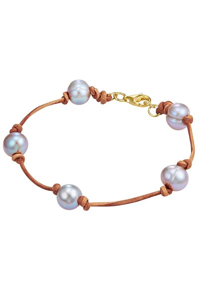 Valero Pearls Lederarmband Armband Sterling Silber Gelbgold Süßwasser-zuchtperle Grau