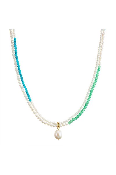 Valero Pearls Edelsteinhalskette Kette Mit Anhänger Sterling Silber Gelbgold Süßwasser-zuchtperle Weiß Türkis (rek