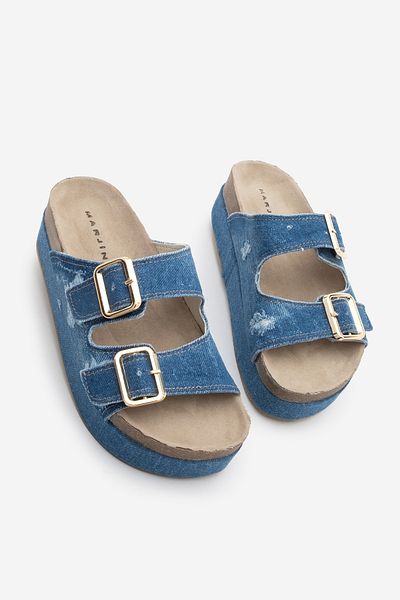 Marjin Dámské neformální pantofle Revana Navy Blue Denim se silnou podrážkou se zlatou přezkou a dvojitým páskem