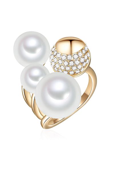 Lulu & Jane Perlenring Ring Gelbgold Muschelkernperle Weiß Zirkonia Weiß