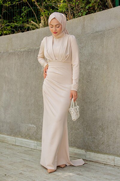 Tesettür Çarşım Rua Tüy ve Drape Detaylı Abiye-Bej