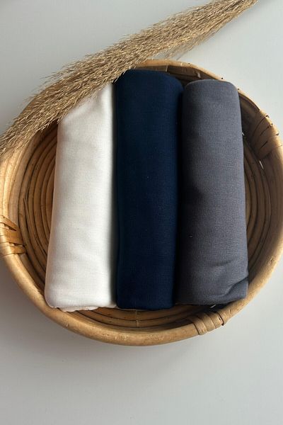 Merve Nayir 3-Piece Combed Cotton Shawl Set Jersey Shawl Lycra Shawl Jersey Hijab Lycra Hijab (Ekru - Dark Blue - Anthracite)