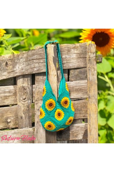 Satürn Hobi Turquoise Lined Handbag with Knitted Sunflower Motif