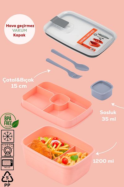 Porsima 3193 Vacuum Self-Feeding Lunch Box with Spoon, Fork and Sauce Bowl - 2-Tier Lunch Box - Lunch Box