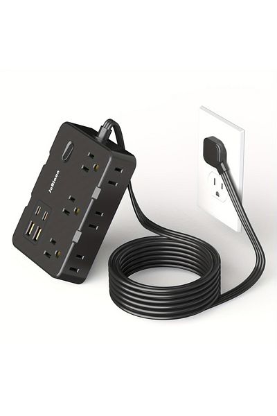 JcBlaon Us 6 Black Surge Protector Ultra Thin Flat Us Plug With 6 Widely Outlets 4 Usb Ports,5ft Extender Ca