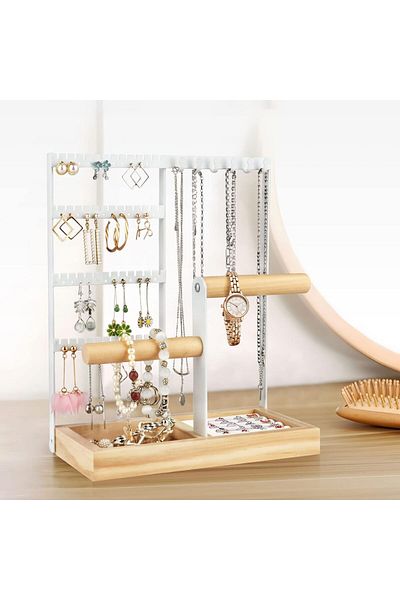 COOYA Jewelry Organizer Stand,FreeStanding Holder,4 Tier with Wooden Tray, Durable Anti-skid,for Home Us