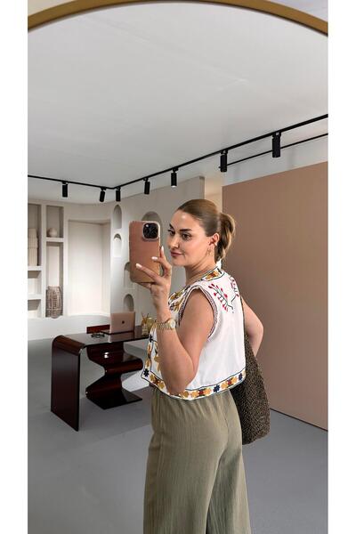 Sezgi Tekin Квітковий вишитий деталь Екрю лляний жилет