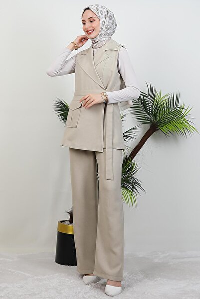 GİYZAMİLA Single Pocket Double Breasted Collar Suit Beige