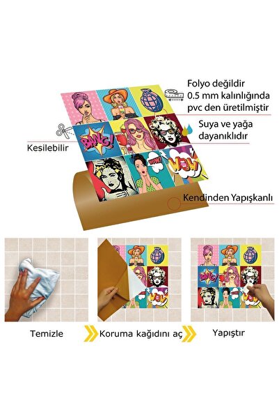 TİNK Kendinden Yapışkanlı Karma Pop Art Desenli Pvc Karo 30x30 Cm (33 Adet) 3m2