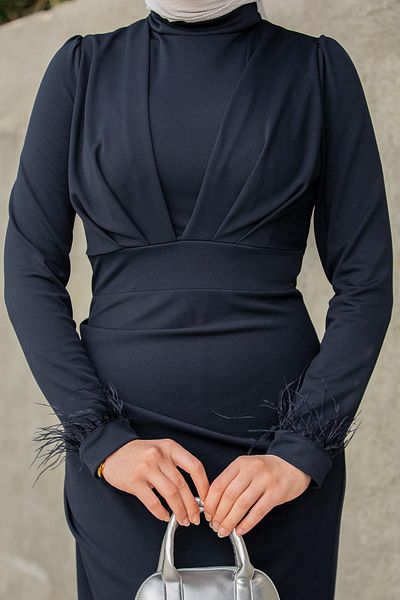 Tesettür Çarşım Rua Feather and Drape Detailed Evening Dress-Laci