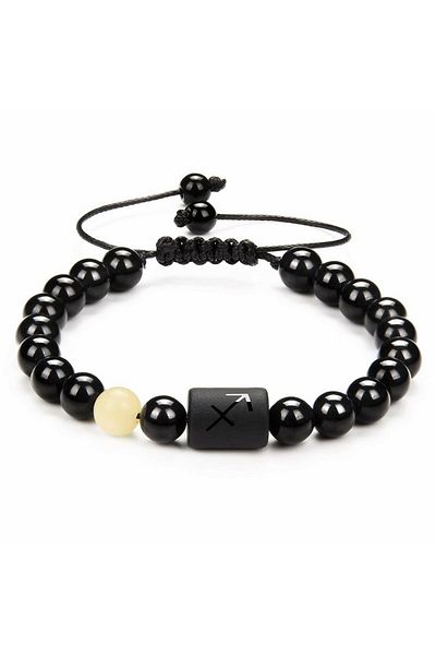 Tesbihane Macrame Braided Globe Cut Calcite & Onyx Stone Bow Sign Natural Stone Men's Bracelet
