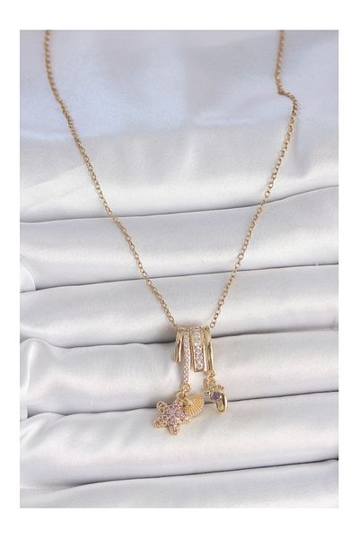 Kensky 316L Steel Gold Color Hanging Zircon Stone Purple Stone Teddy Bear Figure Charm Women's Necklace