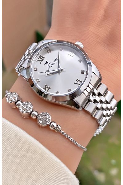 Daniel Klein Silver Colored Steel Cord Women's Wristwatch and Bracelet Gift Set