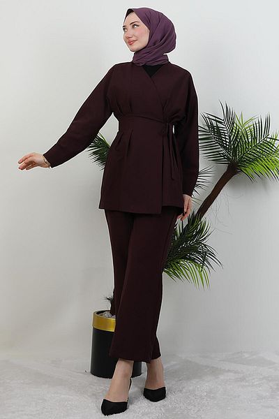 GİYZAMİLA Belted Double Suit Plum