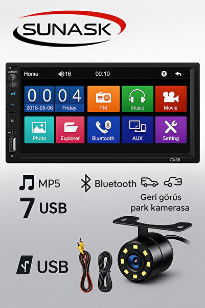 SUNASK Sn-7006 7 Inç Dauble Araba Teybi Tablet Ekran Usb Bluetooth Aux Sd Kart Park Kamera Amfi Çıkışı