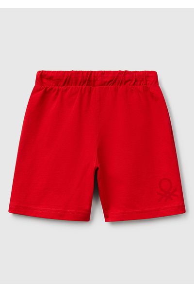 United Colors of Benetton Boy's Red Benetton Logo Bermuda Combed Cotton Shorts