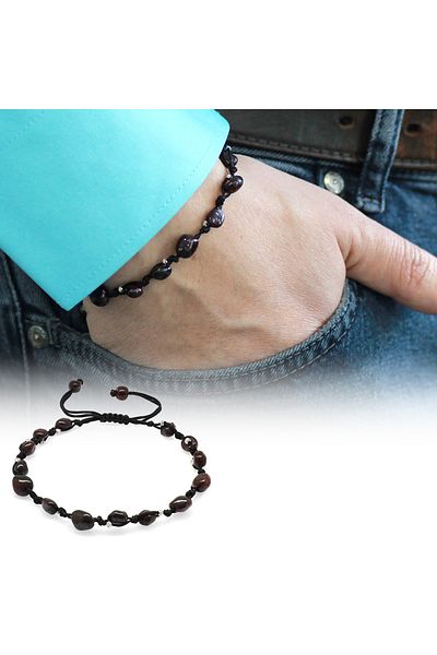 Tesbihane Macrame Braided Natural Cut Dorica Ball Detailed Lal Natural Stone Men's Bracelet