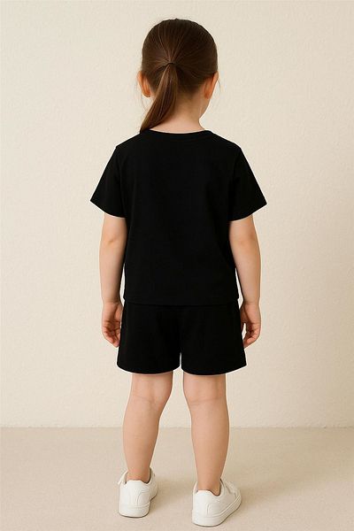 VBSVİBES Pink Bear Teddy Bear Ribbon Printed Children's Suit - Black Shorts Black T-Shirt Suit Printed Girls' Ya