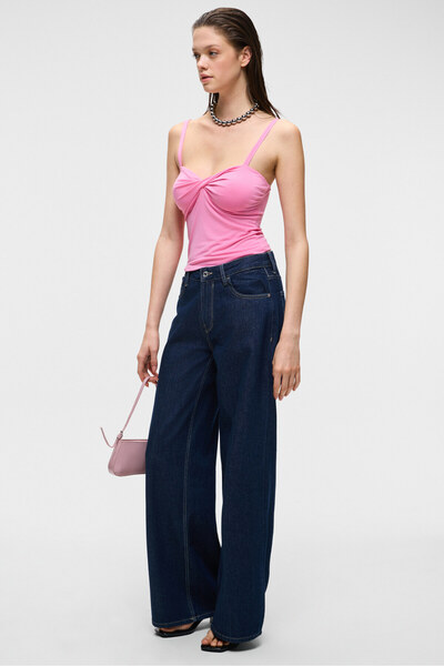 GRIMELANGE Priense Women Slim Short Sleeveless Hanging Neck Pink Blouse