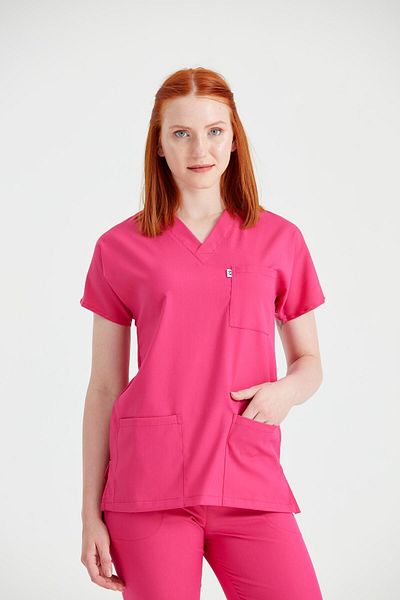 DEMOTEKS Costum medical fuchsia roz elastan, pentru femei - model clasic flexibil
