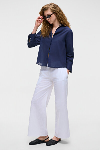 GRIMELANGE Oversize Long Sleeve 100% Cotton Women's Shirt Slim Navy Blue Collar Long