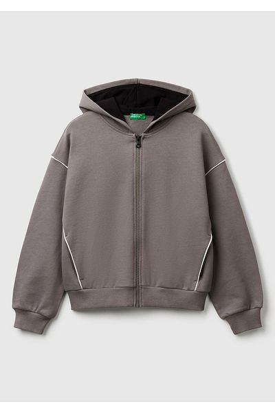 United Colors of Benetton Hanorac oversize cu fermoar și glugă pentru fetiță, antracit, cu logo-ul contrastant