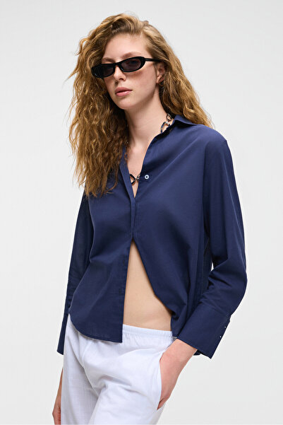 GRIMELANGE Oversize Long Sleeve 100% Cotton Women's Shirt Slim Navy Blue Collar Long