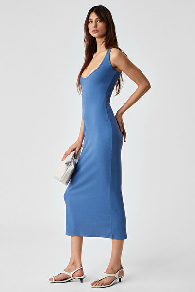 GRIMELANGE SOFUTEY Kadın Slim Kolsuz Oyuk Yaka Düz Paça Mavi Elbise