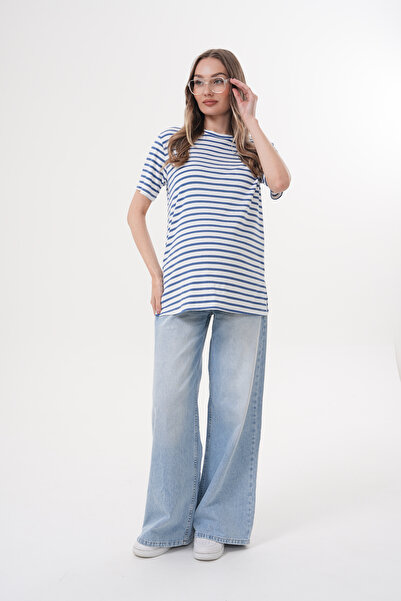 Miss Dünya Lissa Crew Neck Short Sleeve Striped Maternity and Maternity T-Shirt