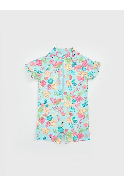 LC Waikiki Lcw Kids Green Floral Zippered Girls Swimsuit