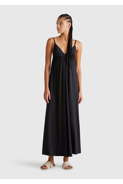 United Colors of Benetton Women's Black Cotton and Viscose Blended Pleated Strap V-Neck Long Dress