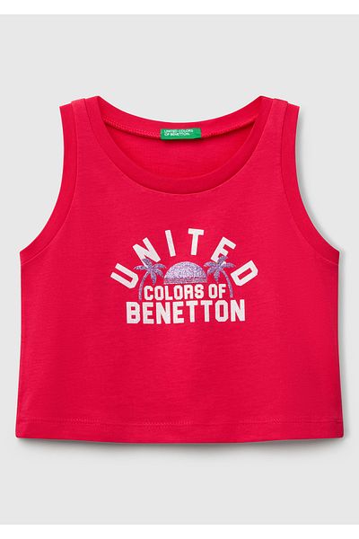 United Colors of Benetton Girl's Fuchsia Glitter Benetton Logo Printed Tank Top