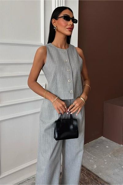 Femella Women Fashion Vest Plazzo Pants Striped Flared Polyviscon Suit 10178