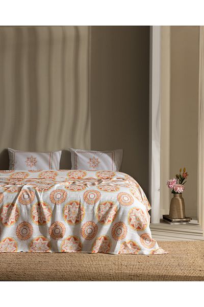Madame Coco Orva King Size 100% Cotton Karde Printed Pique Set - Coral