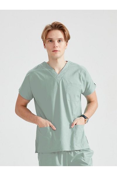 DEMOTEKS Costum medical din elastan verde fistic, pentru bărbați - model clasic flexibil