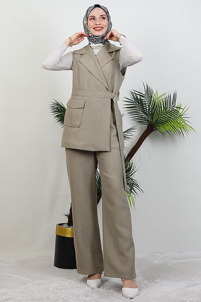GİYZAMİLA Single Pocket Double Breasted Collar Suit Light Khaki