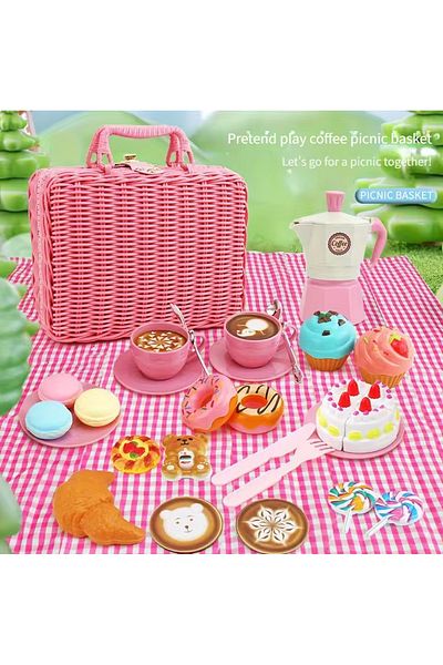 Choice Pink The little girl pretends to play with a picnic basket, tea party set, tea set including coffee