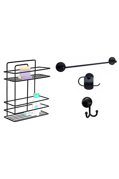 Sas Haus Bathroom Accessory Set 4 Pieces Black, Lifetime Stainless Flat Shower Shelf Shampoo Holder Black Tş-02
