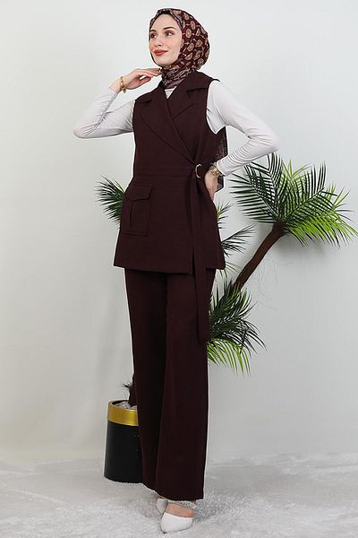 GİYZAMİLA Single Pocket Double Breasted Collar Suit Plum