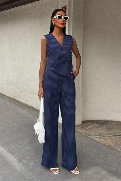 Femella Women Fashion Vest Cross Detail Buttoned Pocket Vest Suit 10150