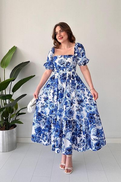 MaziButik Rochie albastră cu flori Albastru