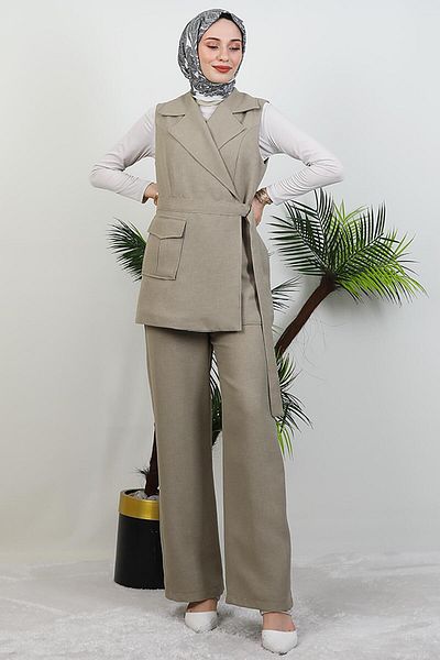 GİYZAMİLA Single Pocket Double Breasted Collar Suit Light Khaki