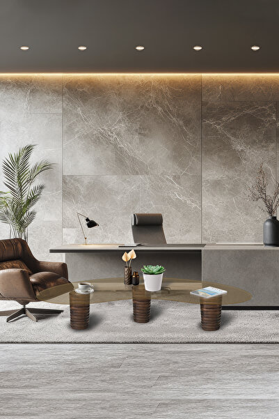 Decorita Cam Orta Sehpa | 3 Ayaklı Cam Sehpa | Bronz Cam | Ahşap Ayaklı | 75c...