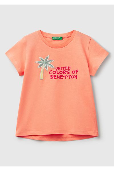 United Colors of Benetton Girl's Baby Glittery Benetton Logo Printed T-Shirt