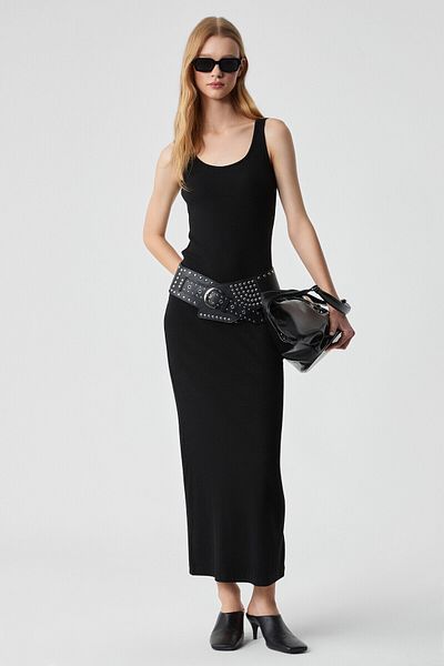 GRIMELANGE Sofutey Women's Slim Sleeveless Hollow Neck Straight Leg Black Dress