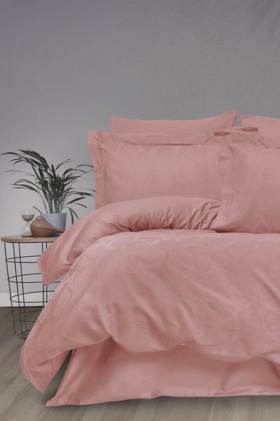 Sevim Jacquard Leaf Patterned Double Duvet Cover Set - 100% Cotton Satin - Aura Powder