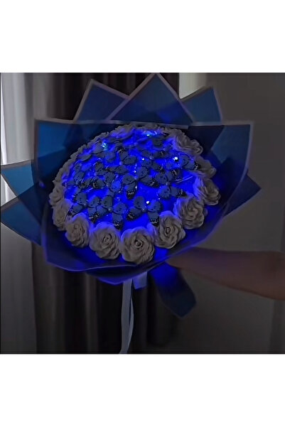 HediyeSepetim Kelebek buketi,solmayan gül buketli mavi ledli,sevgiliye hediye
