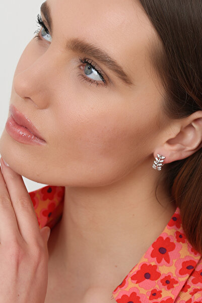 Gümüş Vadisi Kadın 925 Ayar Zirkon Taşlı Yapraklı Taç Küpe