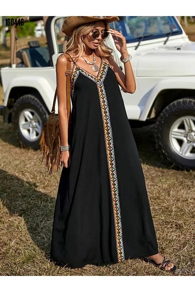 moda wanilia Rochie lungă de vară pentru femei, cu model etnic, cu bretele, cu decolteu în V